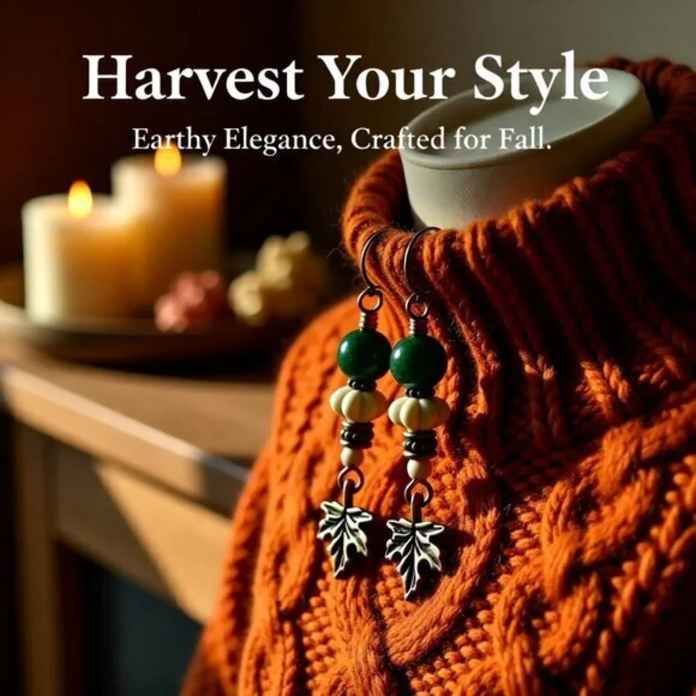 Copper Maple Leaf + Stone Beads Dangle Earrings | Fall Countrycore Cabincore - Picture 1 of 12